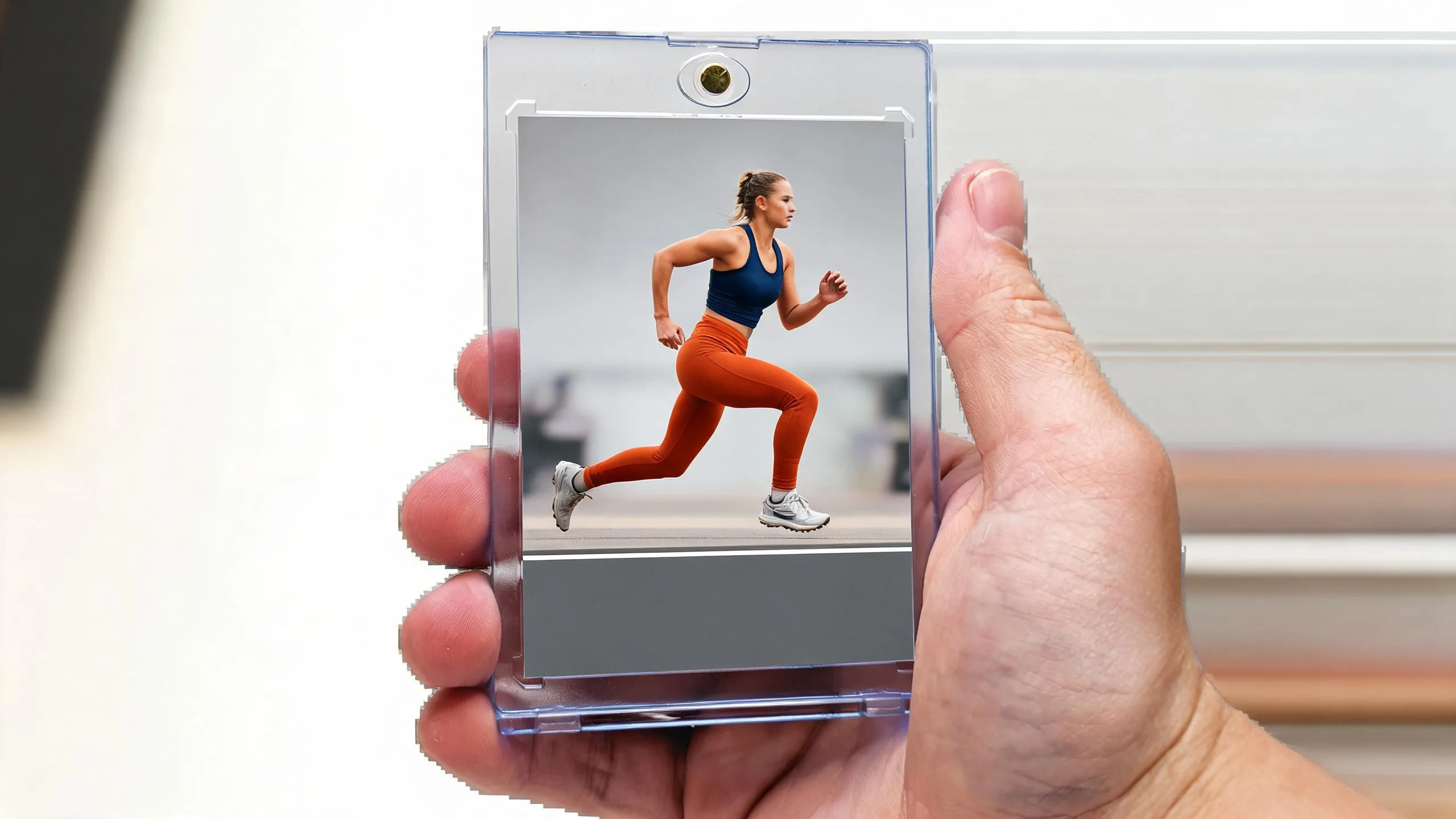 Hand holding a magnetic case showing custom trading card dimensions with an athlete action photo card.