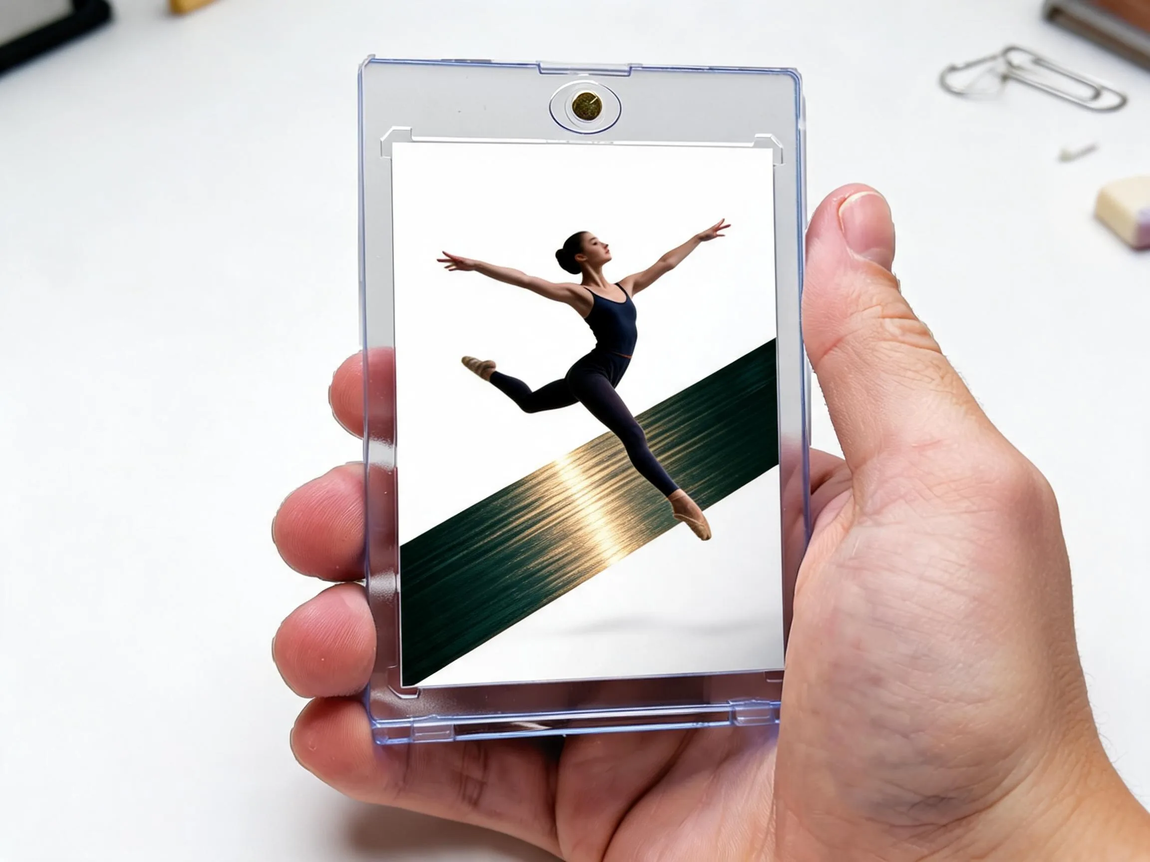 Custom keepsake trading card in a magnetic case with a diagonal metallic band design.