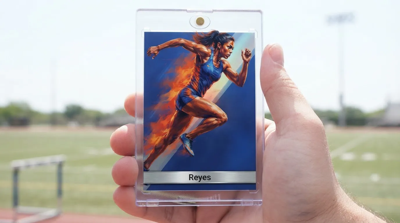 Hand holding magnetic case with trading card example showing sprinter cut out mid-stride action photo.