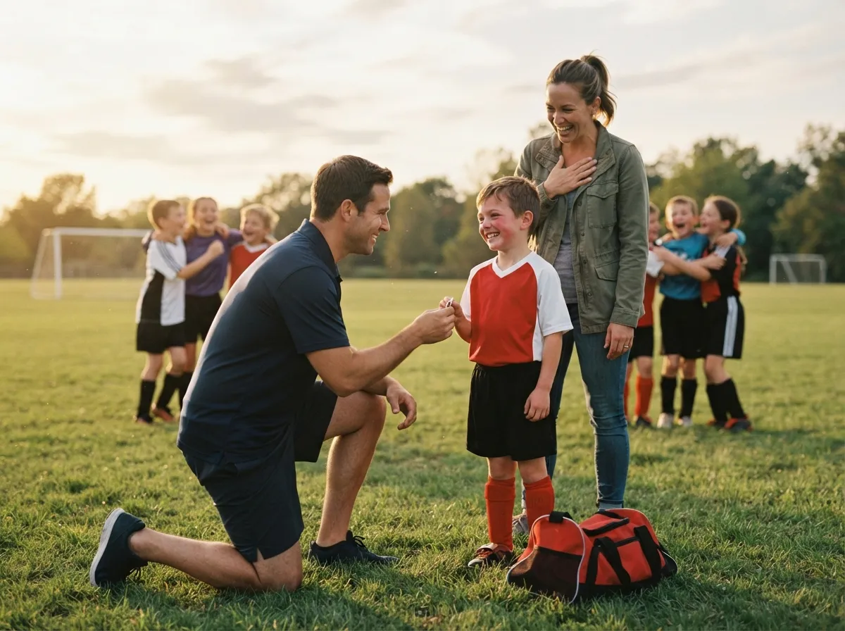 Coach and proud parent celebrate with young athlete during joyful team field moment.