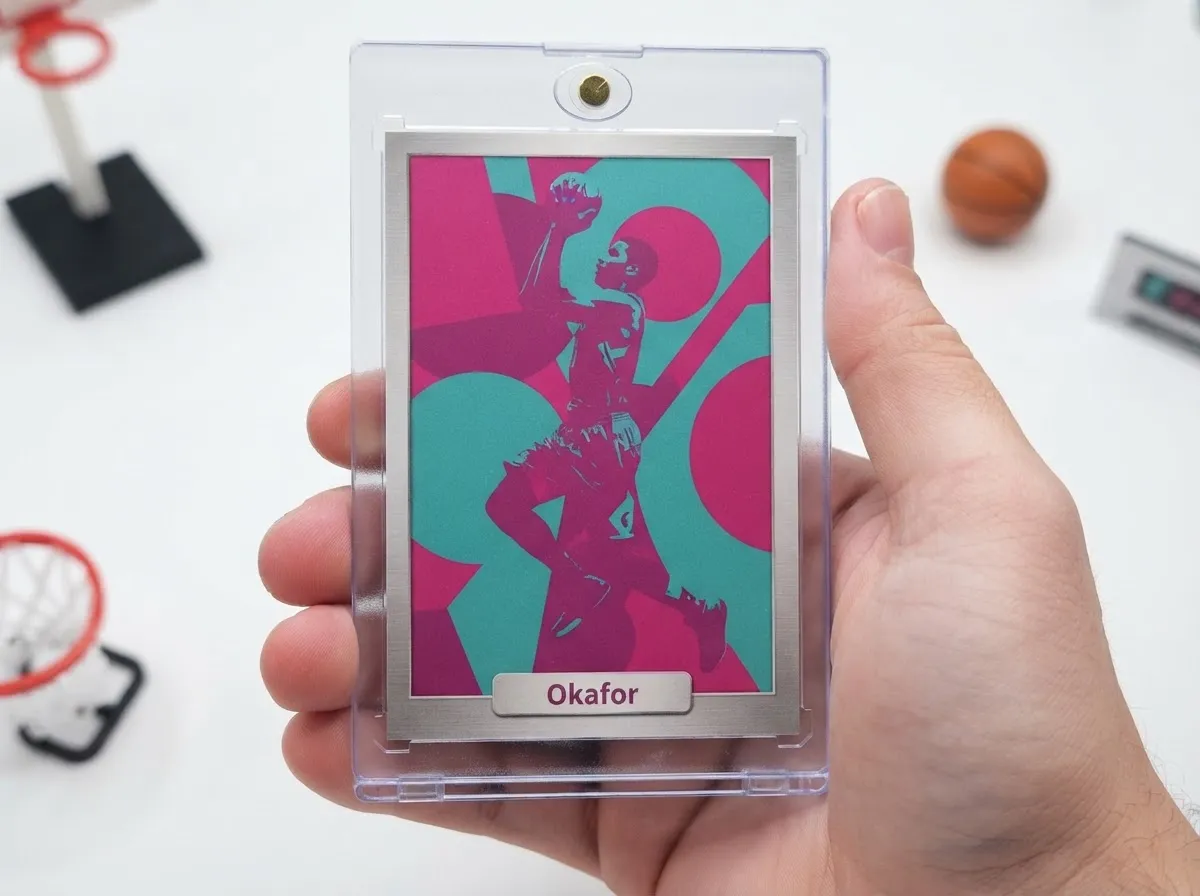 Custom sports trading card in magnetic case featuring duotone basketball player design.