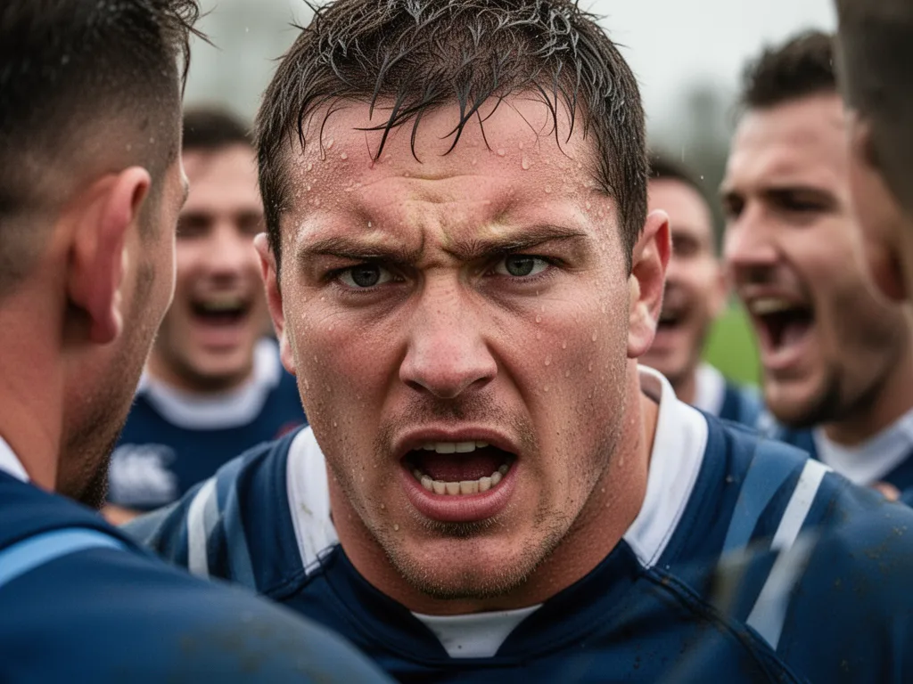 [Rugby player showing determination and emotion during competitive match with teammates nearby]