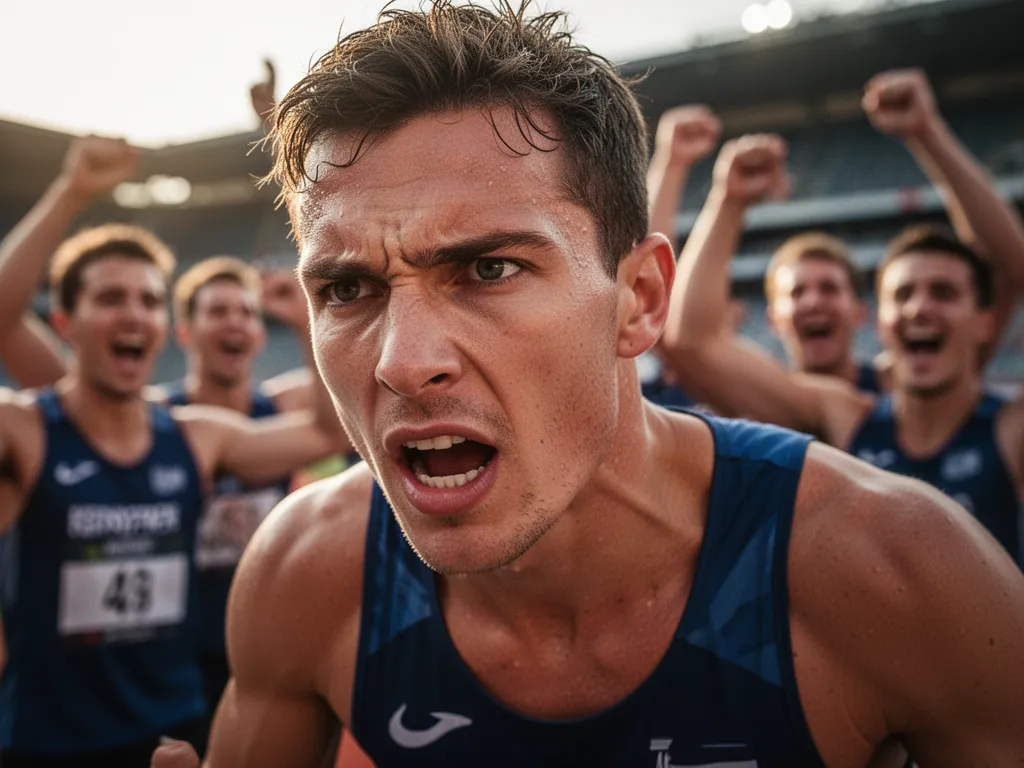 [Athlete's concentrated face during competition with blurred teammates celebrating in background]