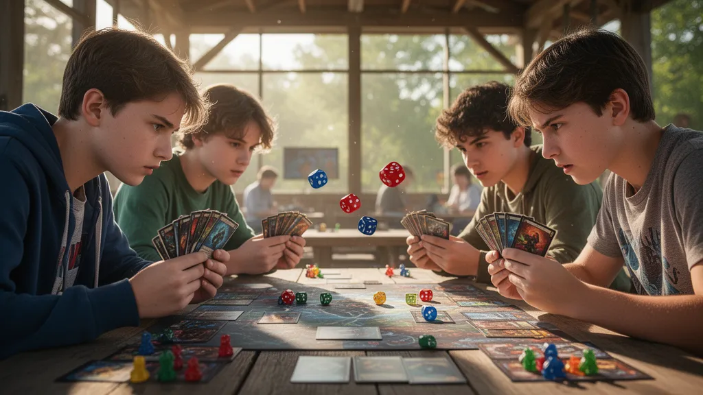 Young trading card game players in intense competition at outdoor table with cards and dice in motion
