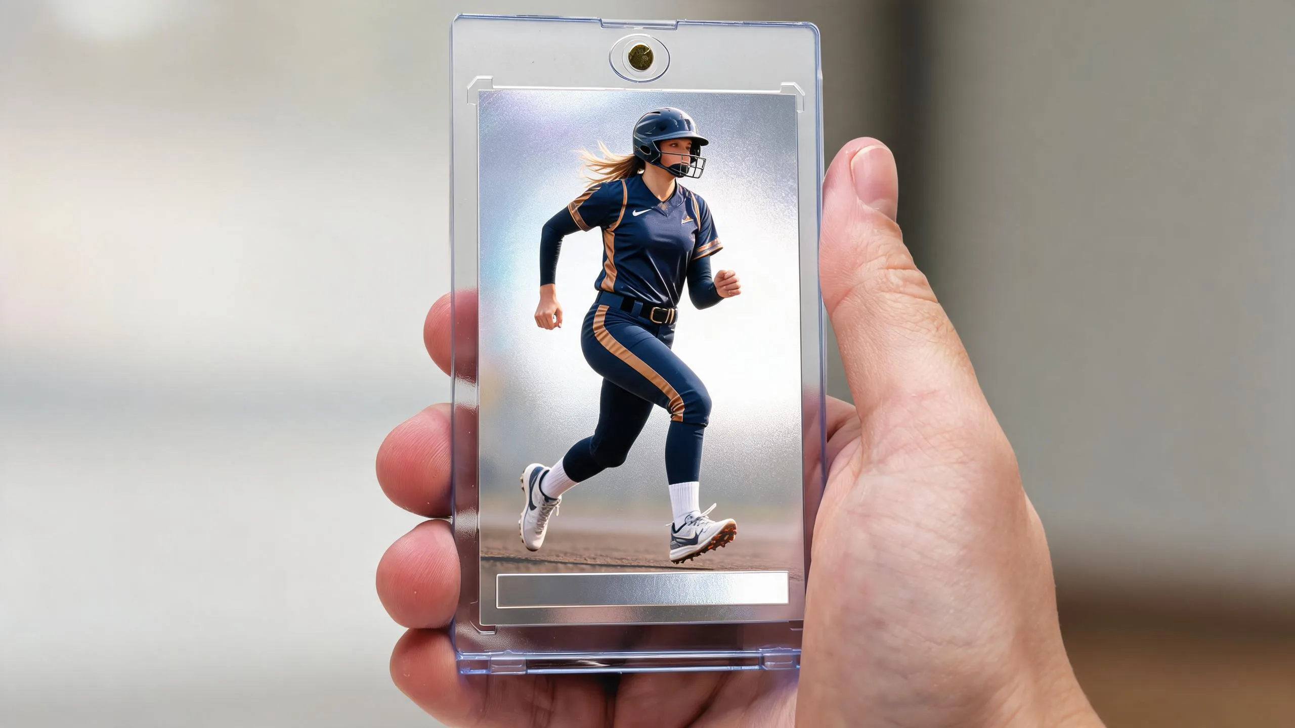 Hand holding trading card game card maker case with foil action-photo athlete card, chrome finish
