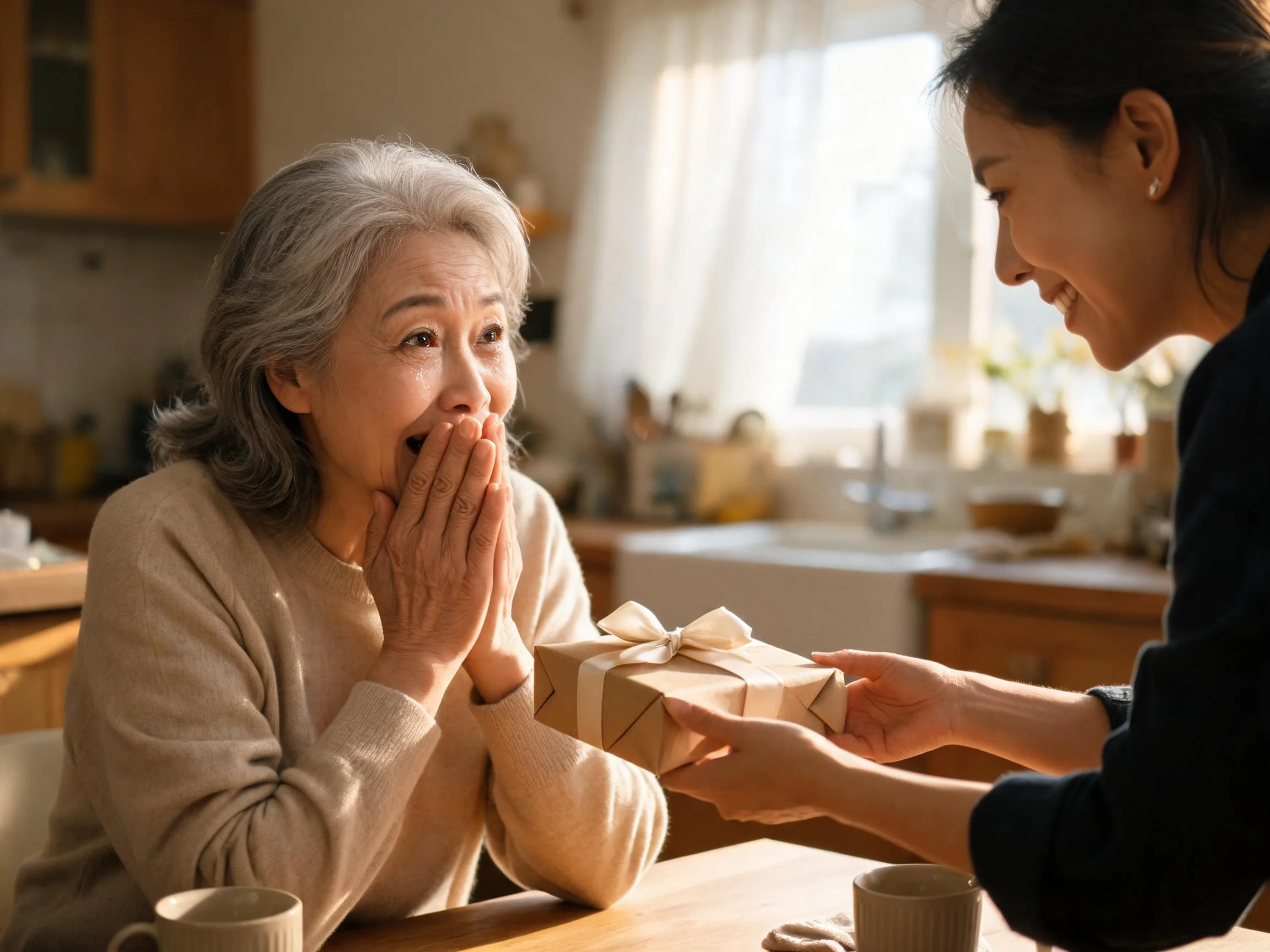 Woman reacting with joyful surprise to an unexpected gift in warm home light