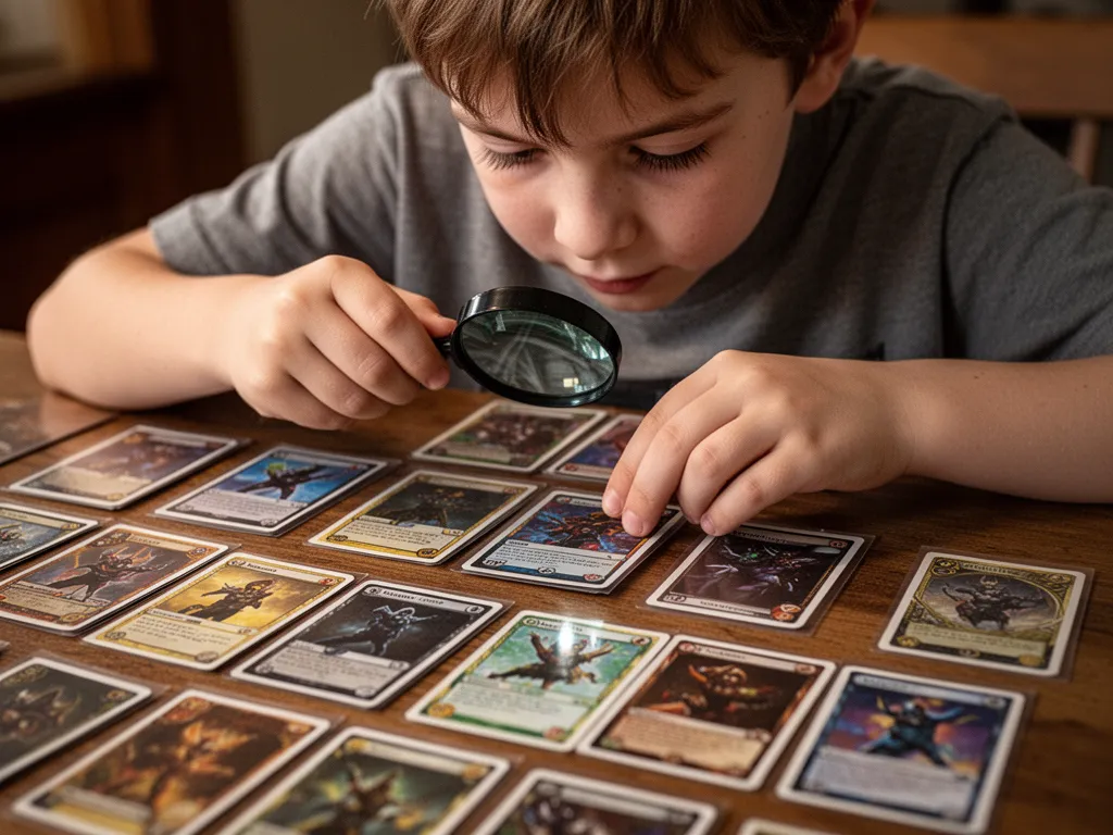 Child's hands examining and organizing rare trading cards with magnifying glass indoors