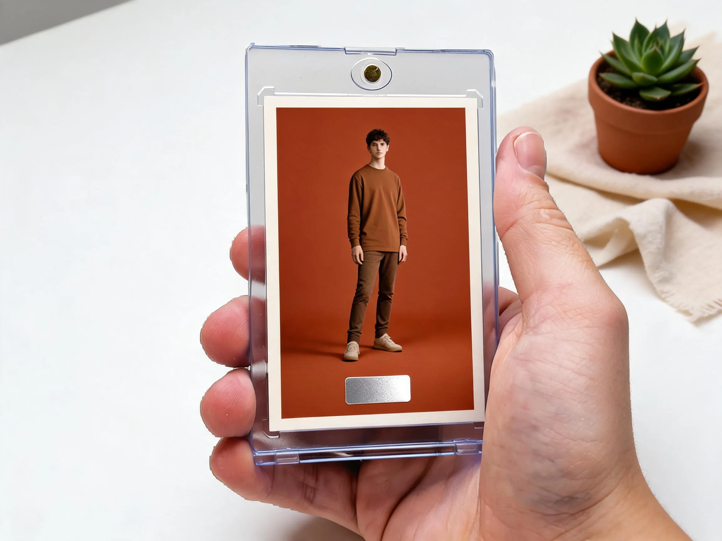 Custom keepsake trading card in magnetic case with satin orange editorial figure design