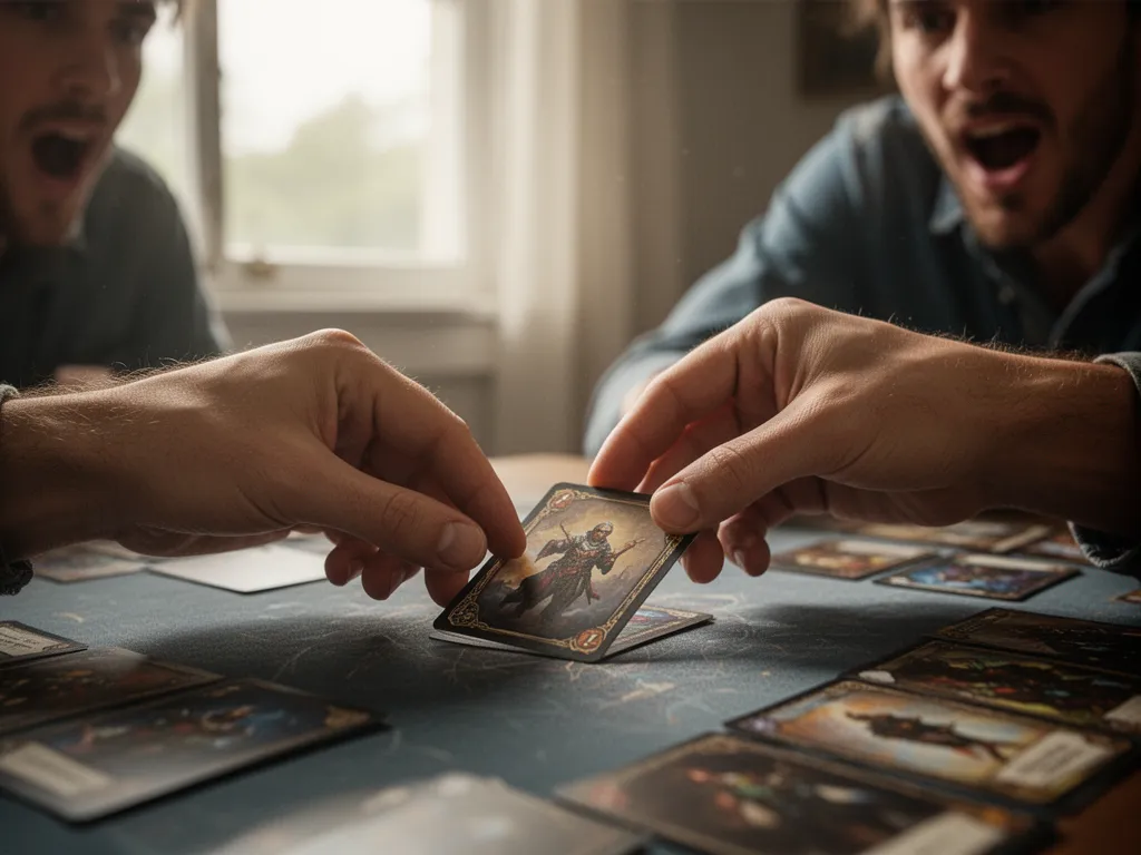 Player's hands placing decisive trading card during match with opponent's surprised reaction visible
