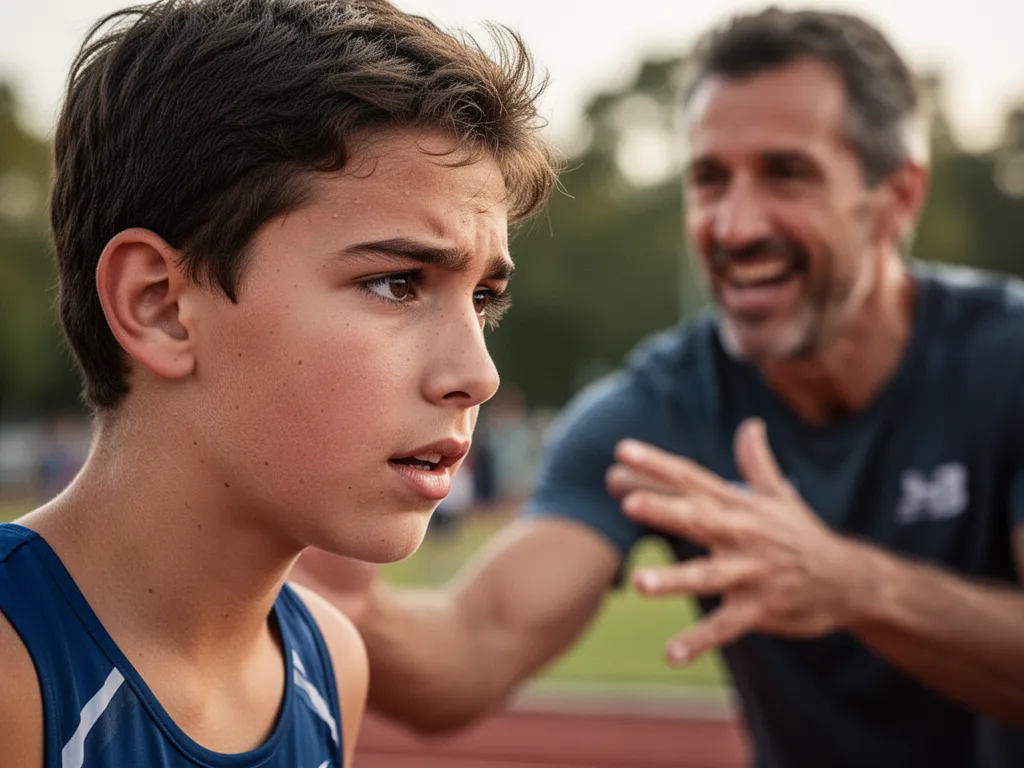 [Young athlete's determined face during competition with coach supporting in background]