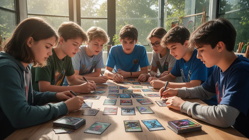 Young trading card game creators collaborating at table in bright natural sunlight