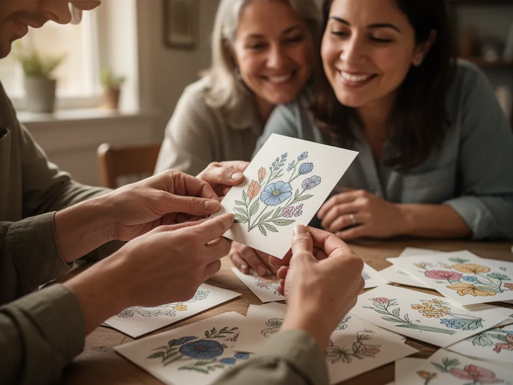 Child's hands arranging custom trading card designs with parent watching supportively