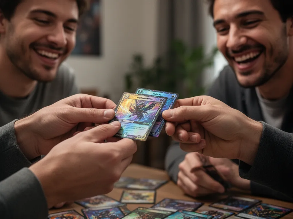 [Two collectors' hands exchanging holographic cards with expressions of joy and satisfaction]