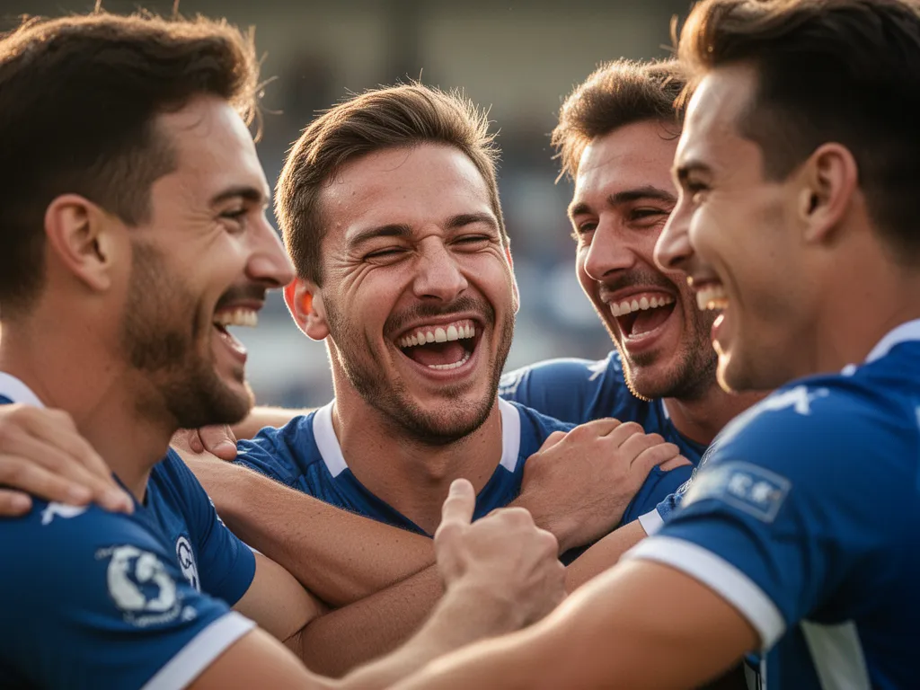 [Team members celebrating together showing genuine emotion, joy, and competitive camaraderie]