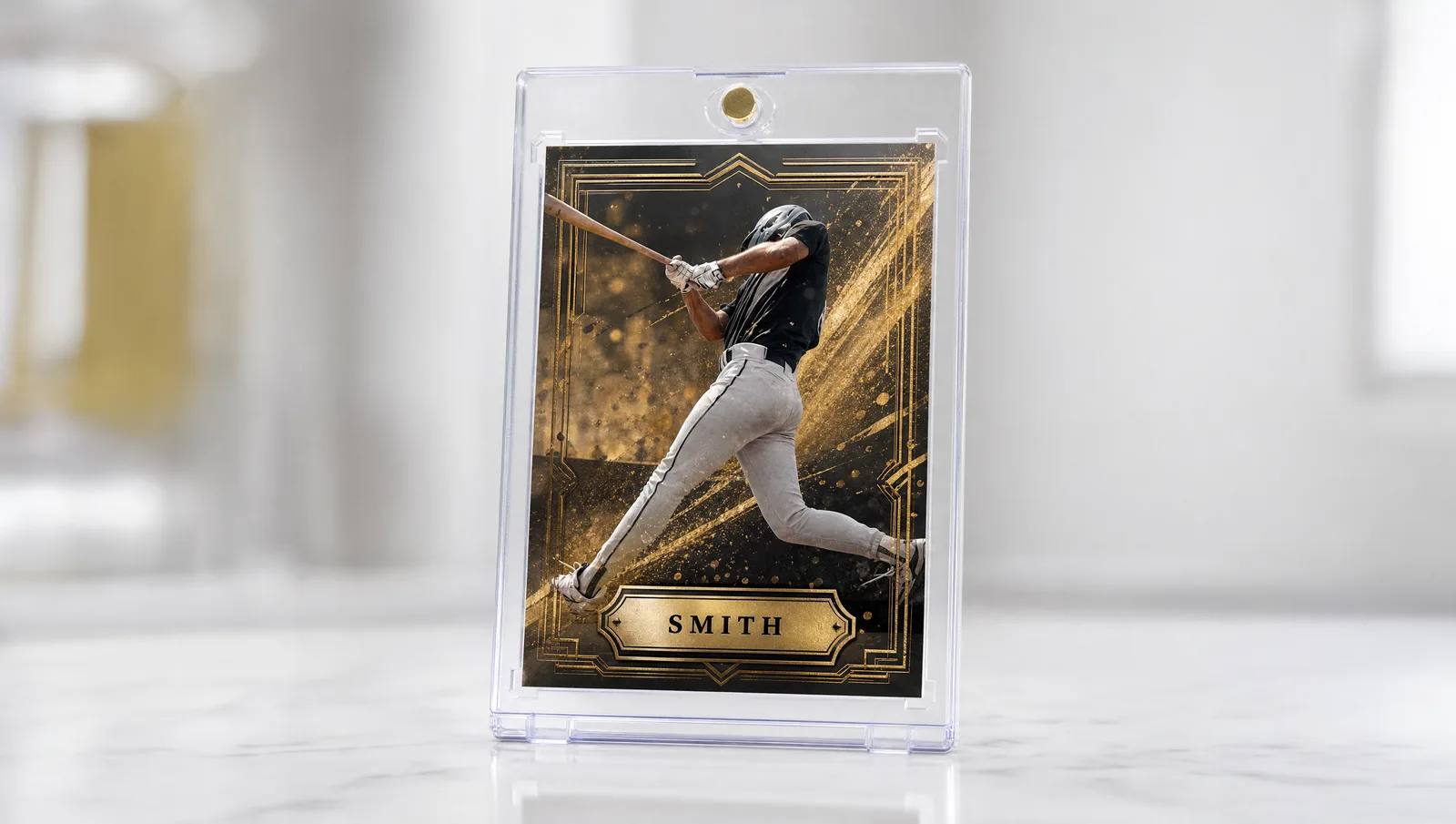 Custom trading card generator shown in a clear magnetic display case