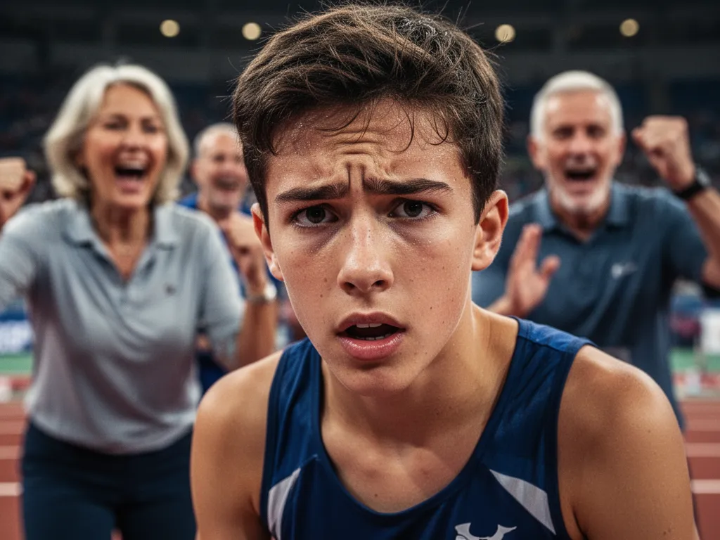 [young athlete's concentrated face during competition with supportive parents celebrating in background]