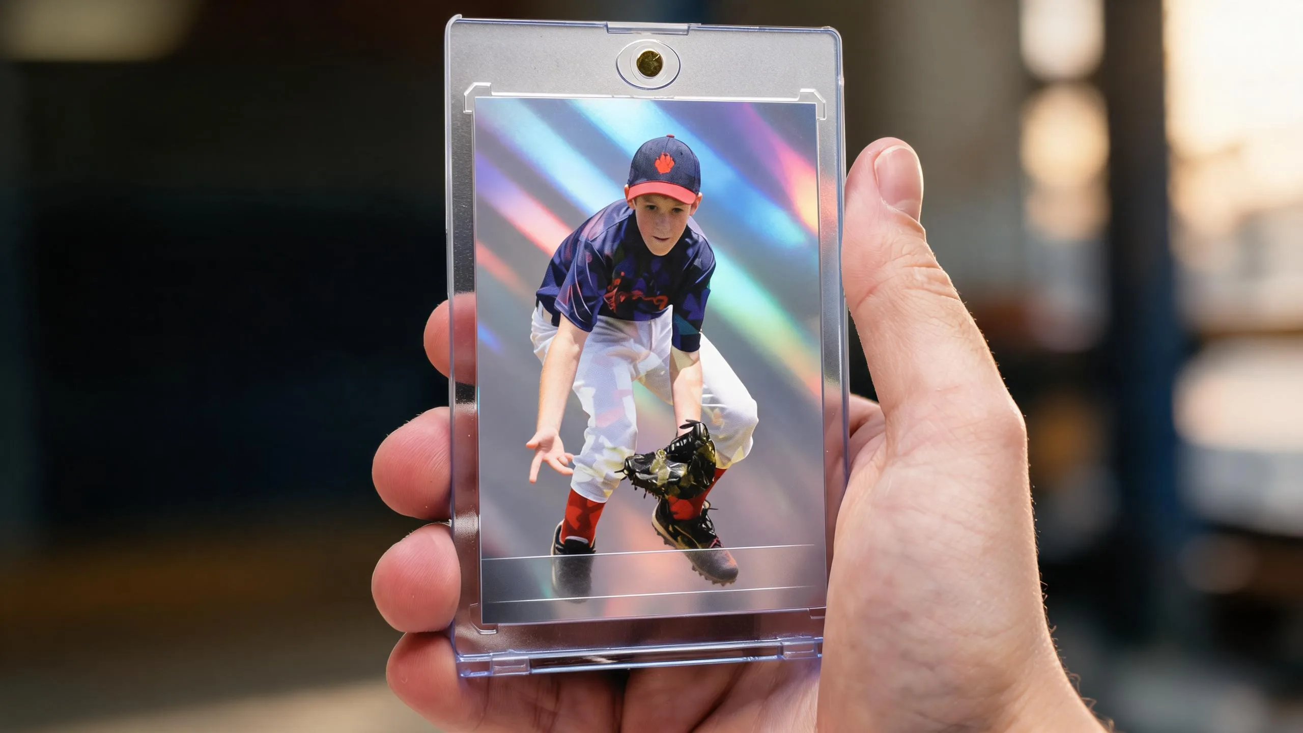 Hand holding magnetic case with custom athlete card, illustrating trading card grading companies standards.