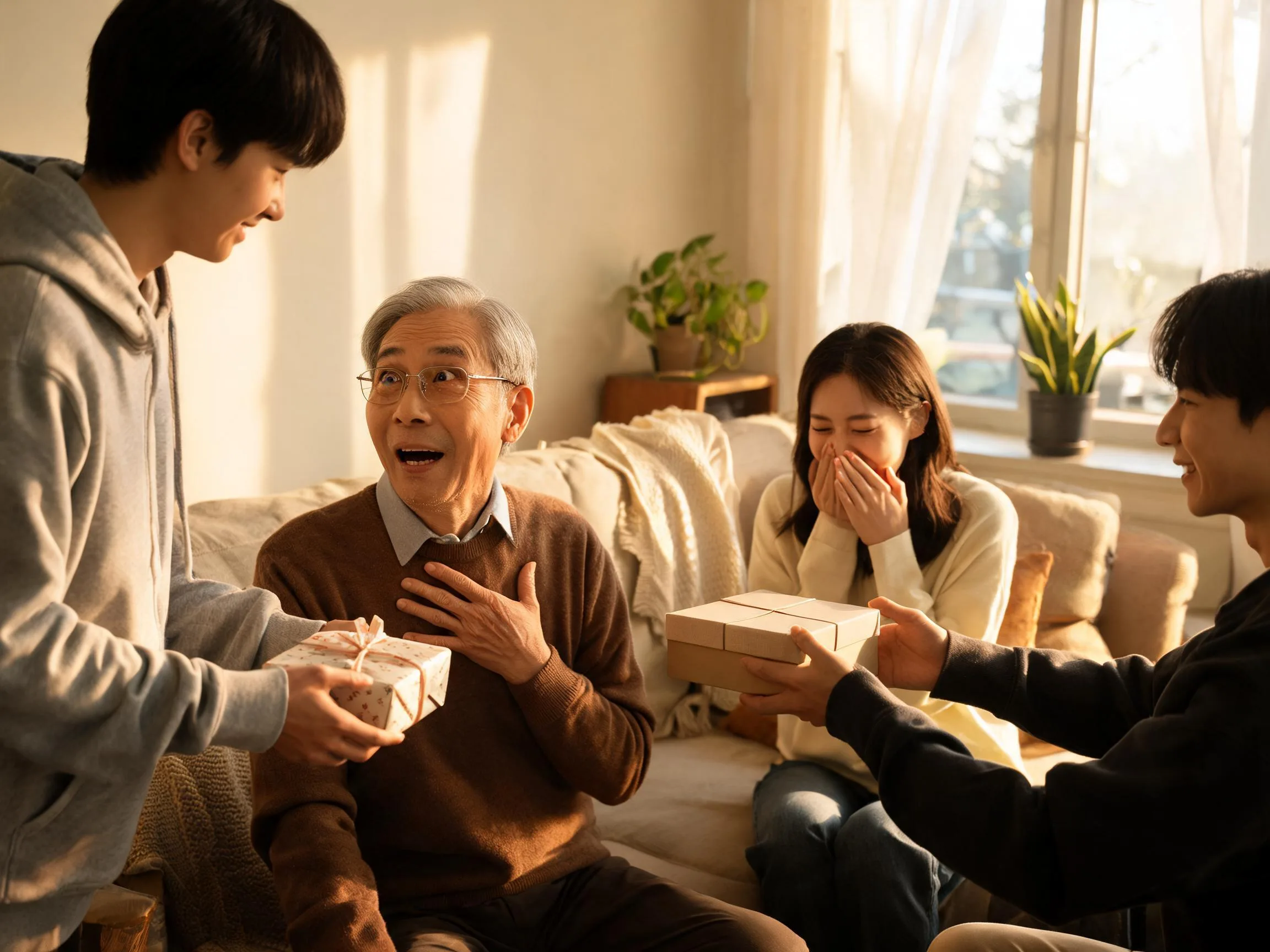 Grandfather reacts with genuine surprise receiving an unexpected gift in warm sunlit room.