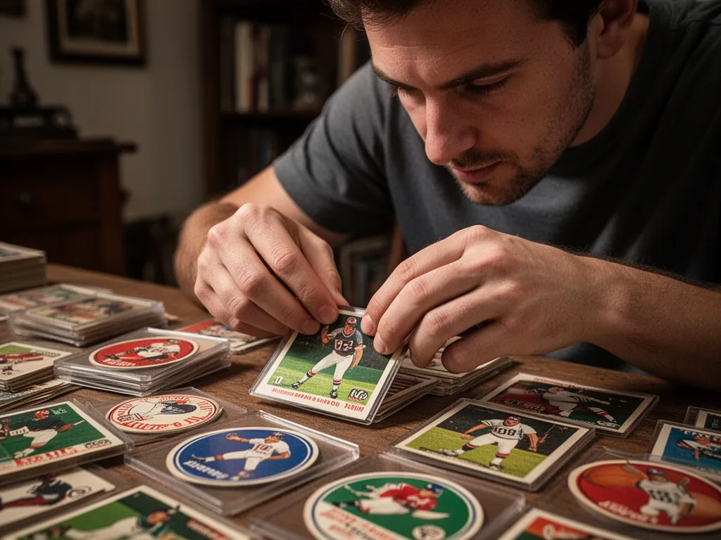Collector's hands carefully inspecting and organizing vintage sports cards with focused attention