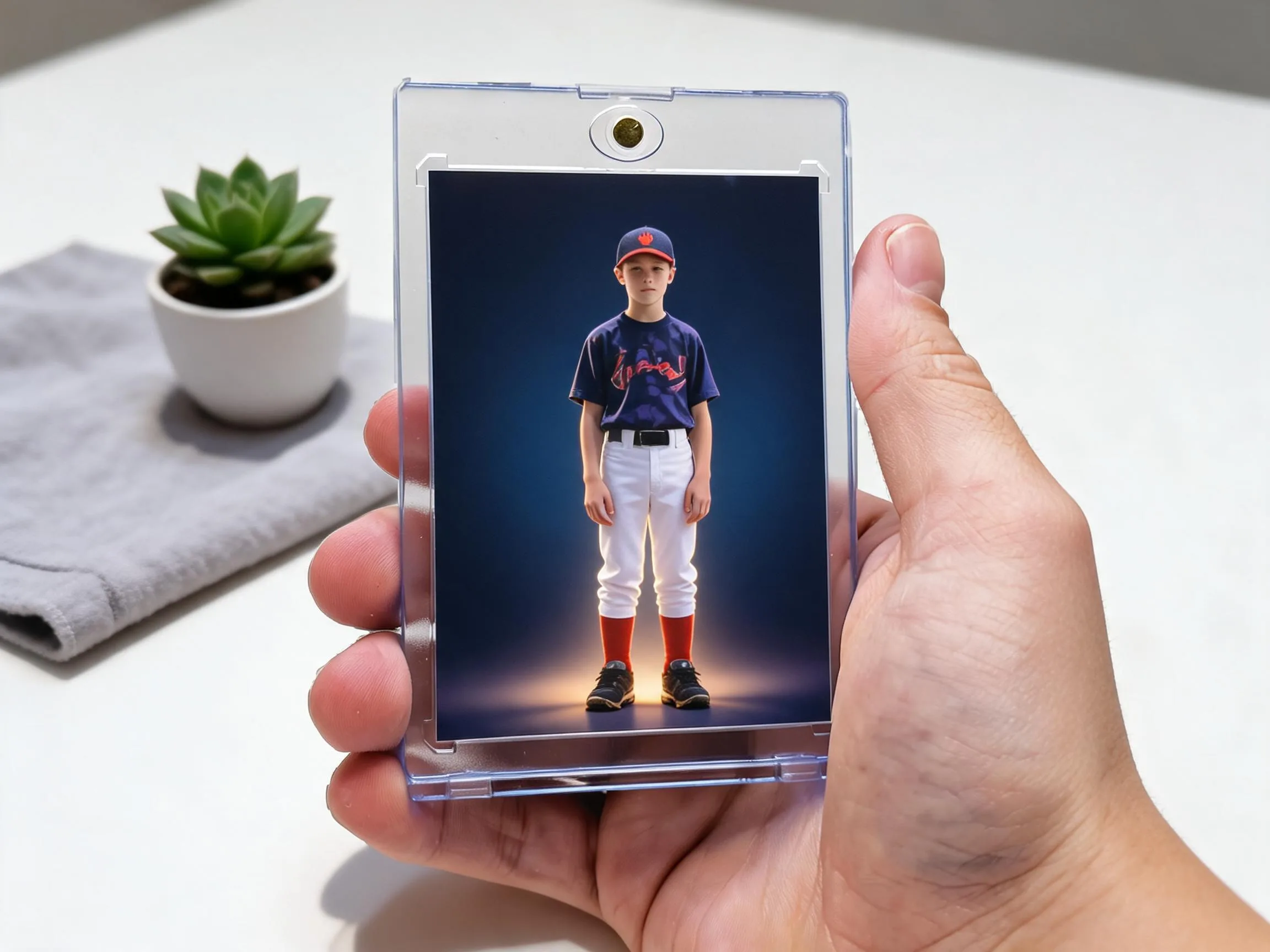 Custom keepsake trading card in magnetic case standing on white tabletop display.