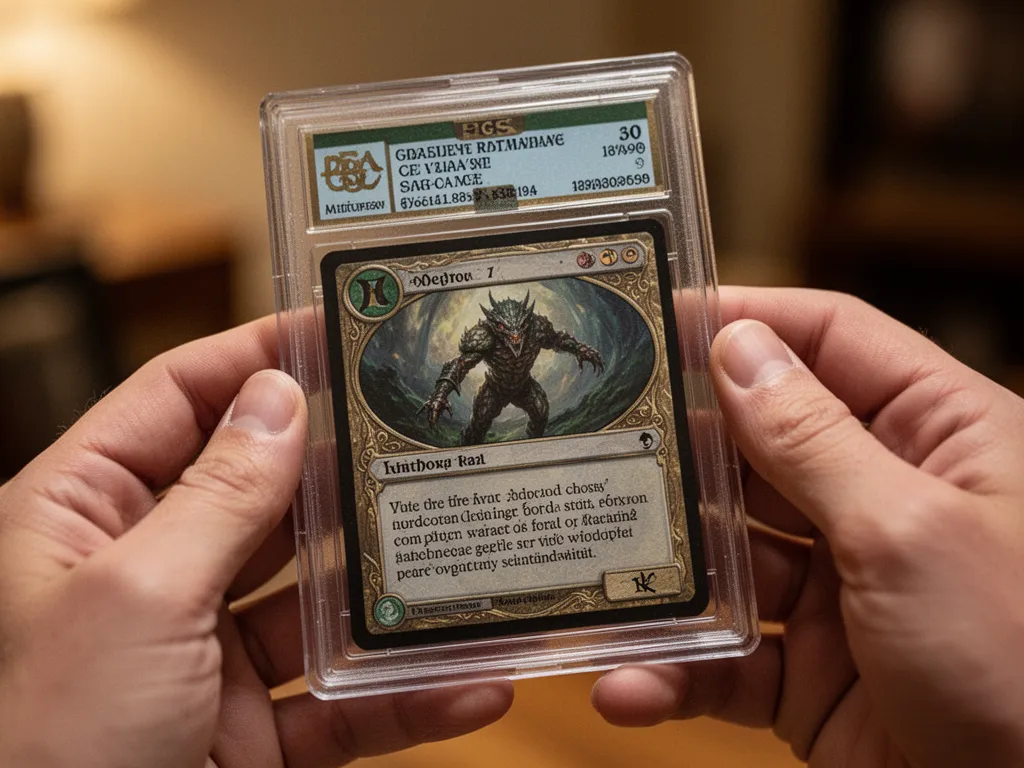 [Collector's hands proudly holding graded sports card in professional protective case]