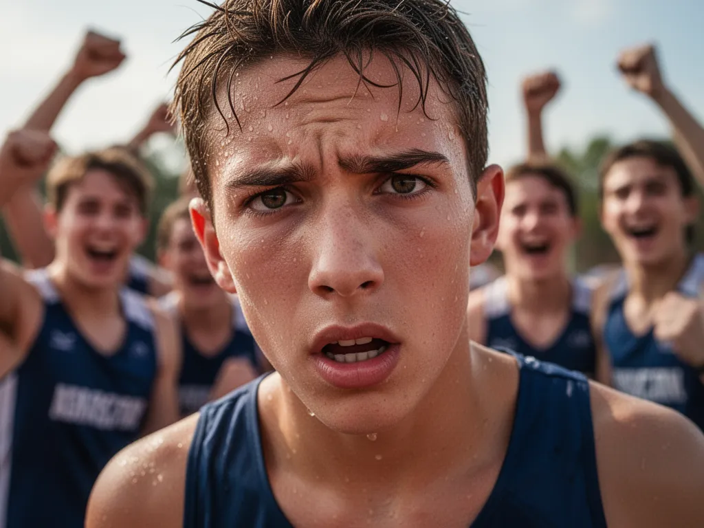 [Young athlete's determined expression during competition with blurred teammates celebrating nearby]