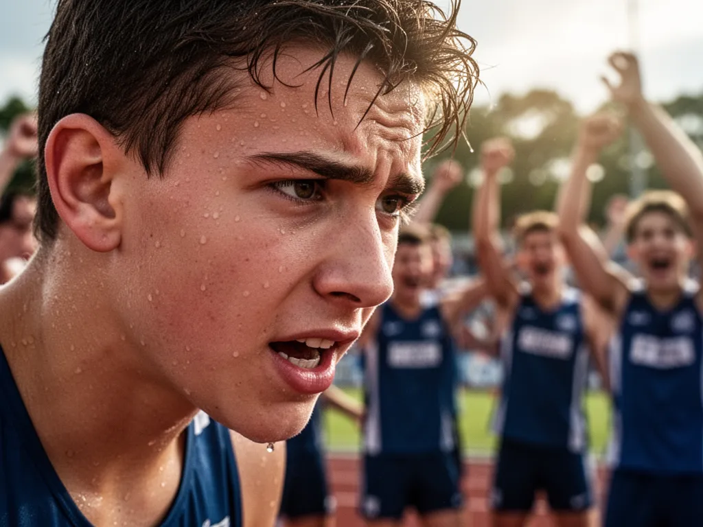 Young athlete's focused face showing determination during competition with teammates celebrating blurred in background.
