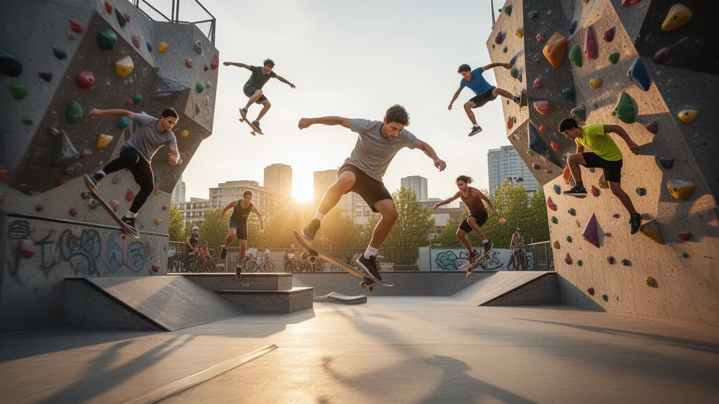Multiple athletes in action performing skateboarding, climbing, and parkour sports outdoors during golden hour