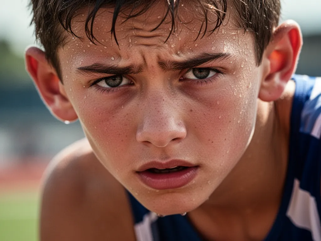 Close-up of determined young athlete's face showing concentration and effort during intense competition