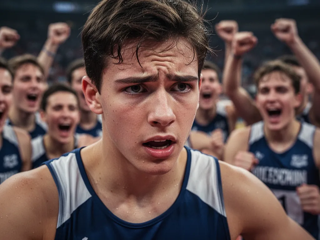 [Young athlete's determined face during competition with supportive teammates blurred behind]
