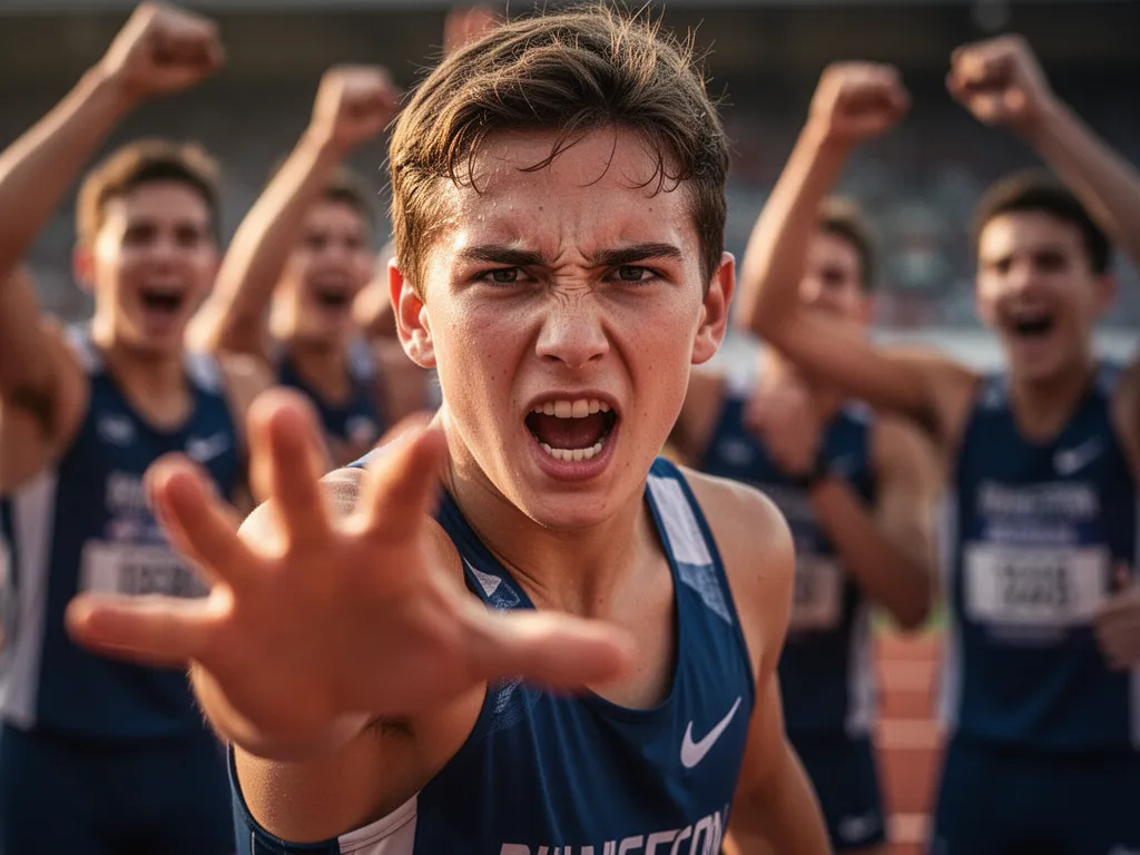 Young athlete showing determination and emotion during competition with teammates celebrating in background