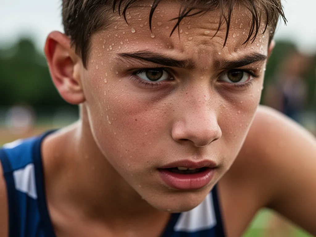 Young athlete's concentrated face showing determination and emotion during competitive sports moment