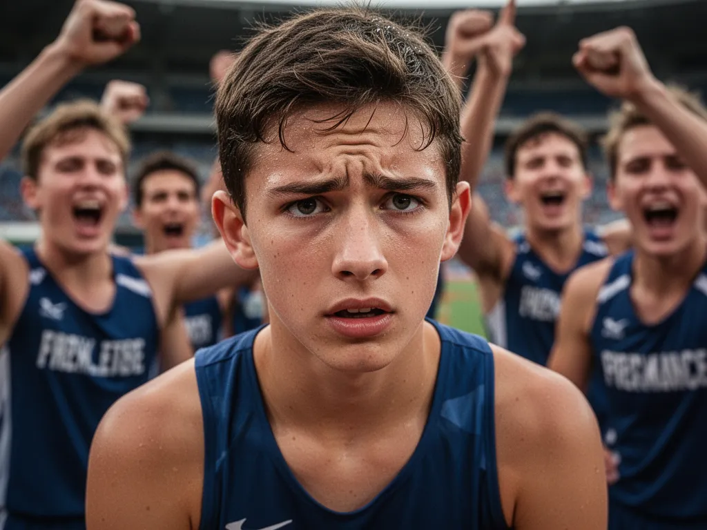 [Young athlete concentrating intensely during competition with supportive teammates visible in background]