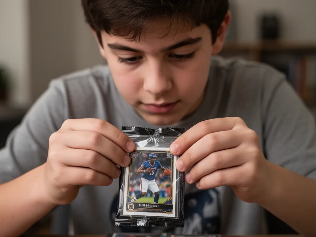 Young collector carefully opening sealed sports card package with focused expression and anticipation