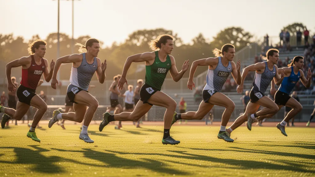 Athletes running and competing on a bright outdoor field during golden hour lighting