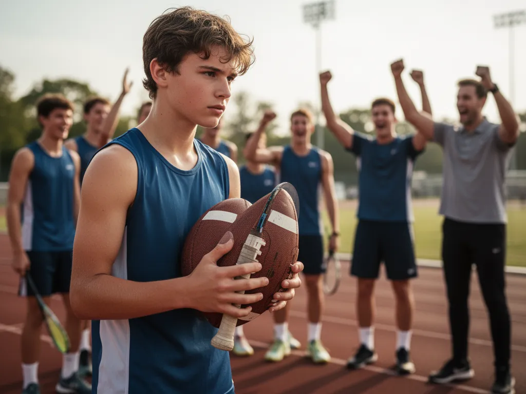 Athlete's hands gripping equipment with blurred teammates celebrating in the background