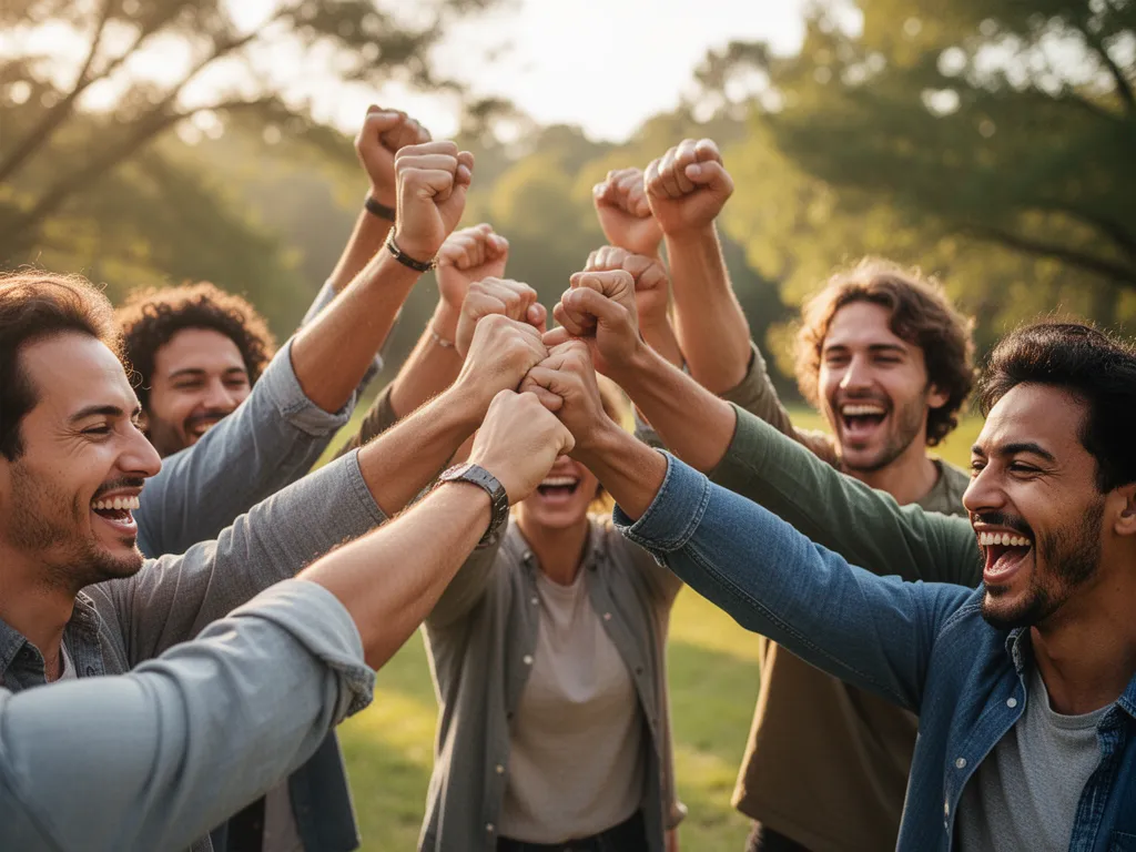 Team members celebrating together with raised hands showing genuine happiness and shared victory