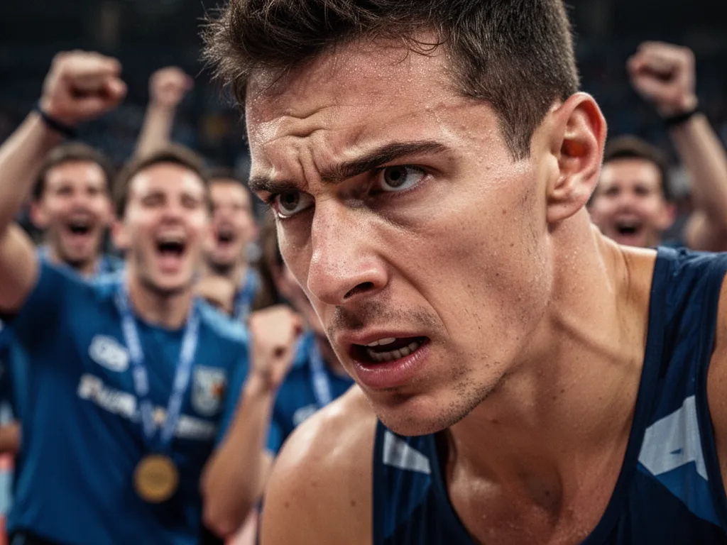 [Close-up of determined athlete's face during competition with blurred supporters celebrating in background]