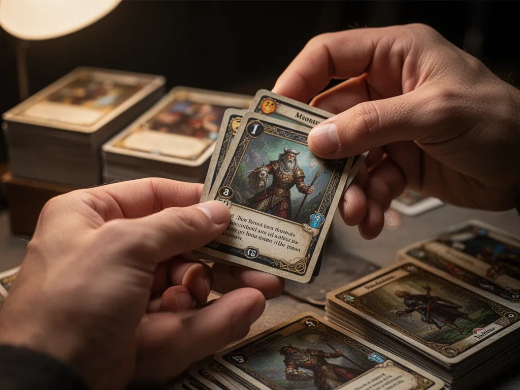 Hands examining and organizing printed trading cards with careful attention to detail and quality