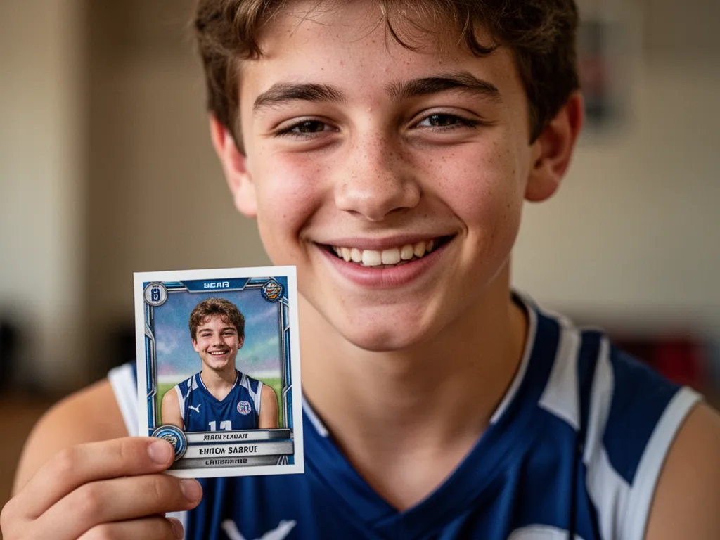Close-up of personalized trading card showing player name stats and professional card template design