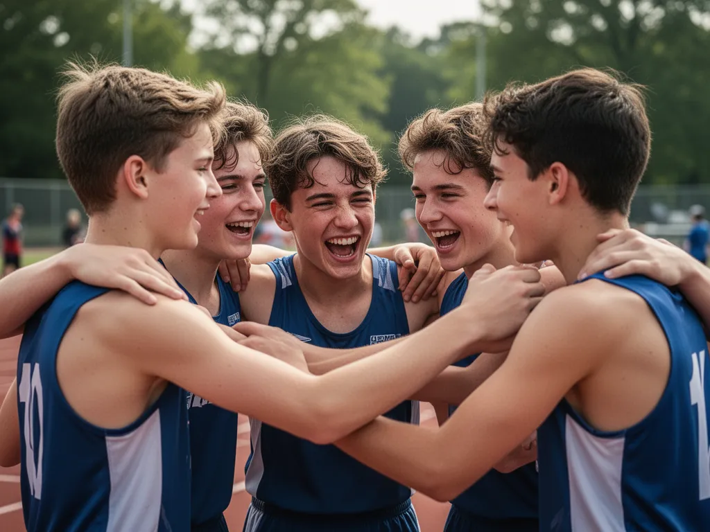 [Young athletes celebrating together outdoors showing genuine team camaraderie and joy]