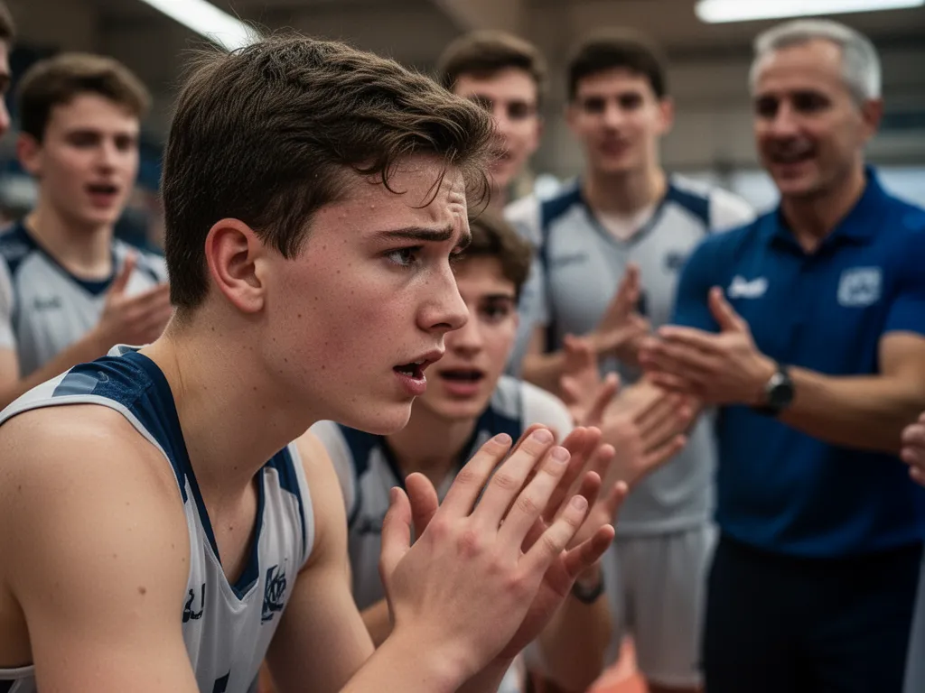 Close-up of athlete's determined expression with supportive teammates and coaches visible in background