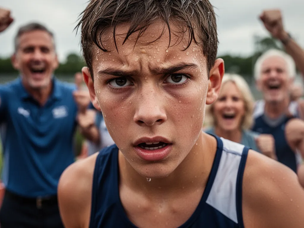 [Young athlete's determined expression during competition with supportive coaches and parents in background]
