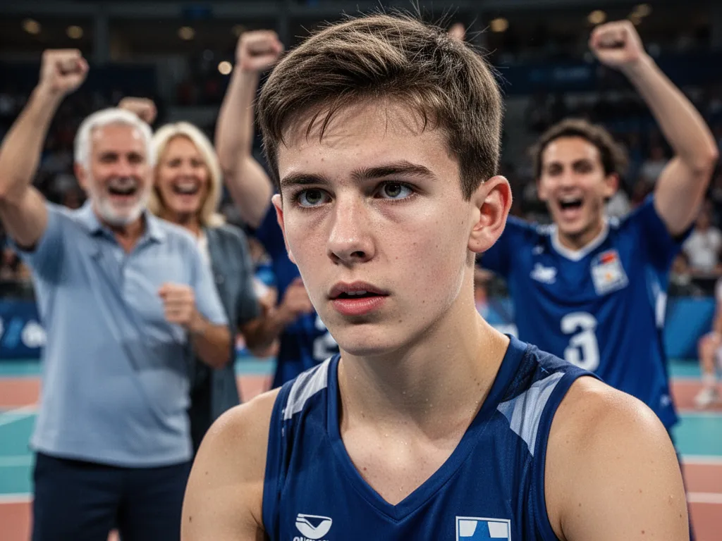Young athlete's concentrated face during competition with supportive parents and teammates celebrating nearby.