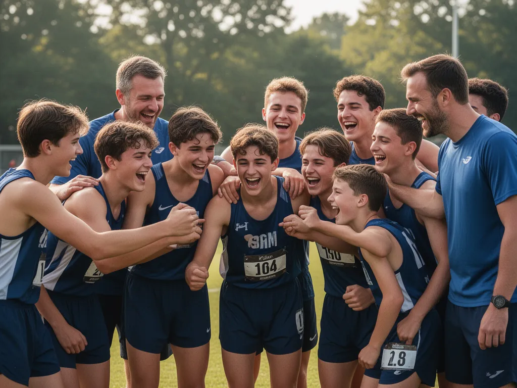 [Young athletes and coaches celebrating together outdoors with genuine emotion and team pride displayed]