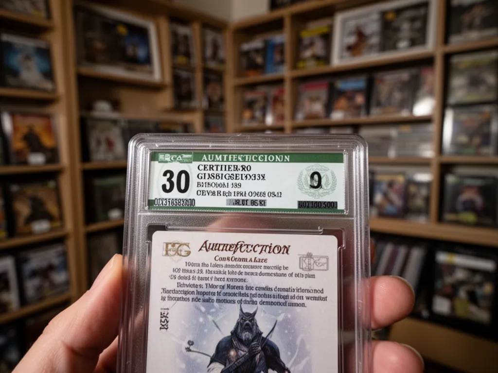 Close-up of graded trading card slab showing professional certification label and condition rating details