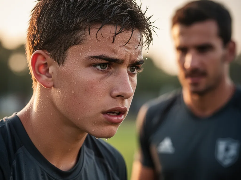 Young athlete's determined face during intense training with coach support visible in background
