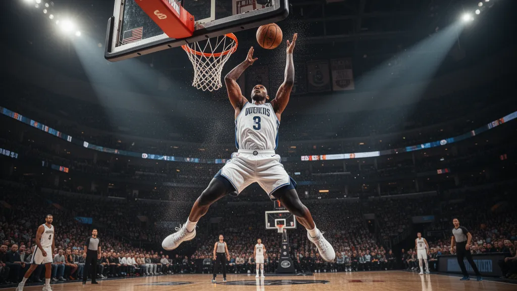 Basketball player performing an explosive slam dunk with dynamic mid-air motion and intensity