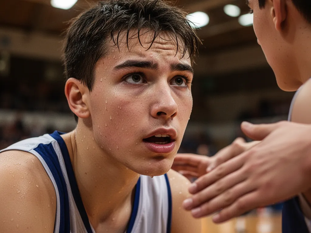 Young basketball player's determined expression showing focus and effort during competitive gameplay