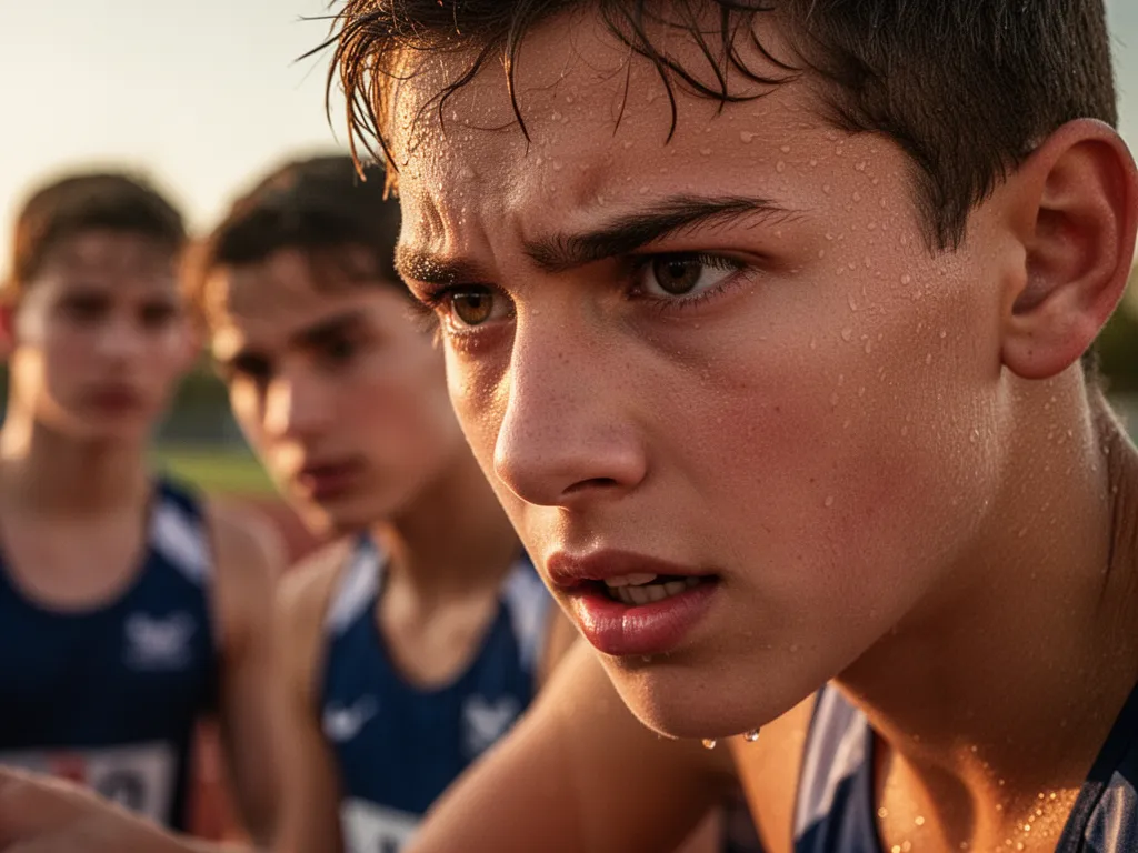 Young athlete's determined expression during intense competition with teammates visible in soft background